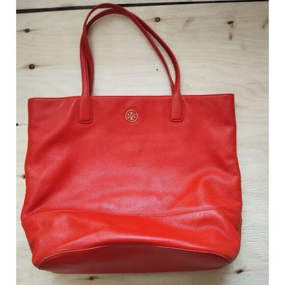 Tory Burch Handbags - Tory Burch Tote Bag Large Red Pebbled Leather Shoulder Handbag Gold Logo Slouchy